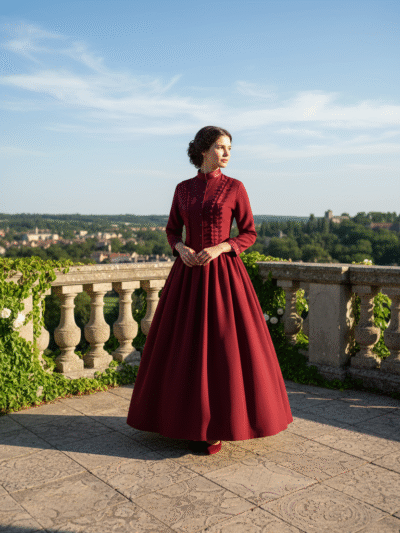 kobieta w eleganckim koku ubrana w bordową suknię balową stojąca na kamiennym balkonie