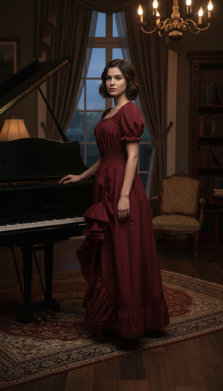 kobieta z krótkimi czarnymi włosami obrócona bokiem nosząca bordową suknią z falbanami przy czarnym fortepianie