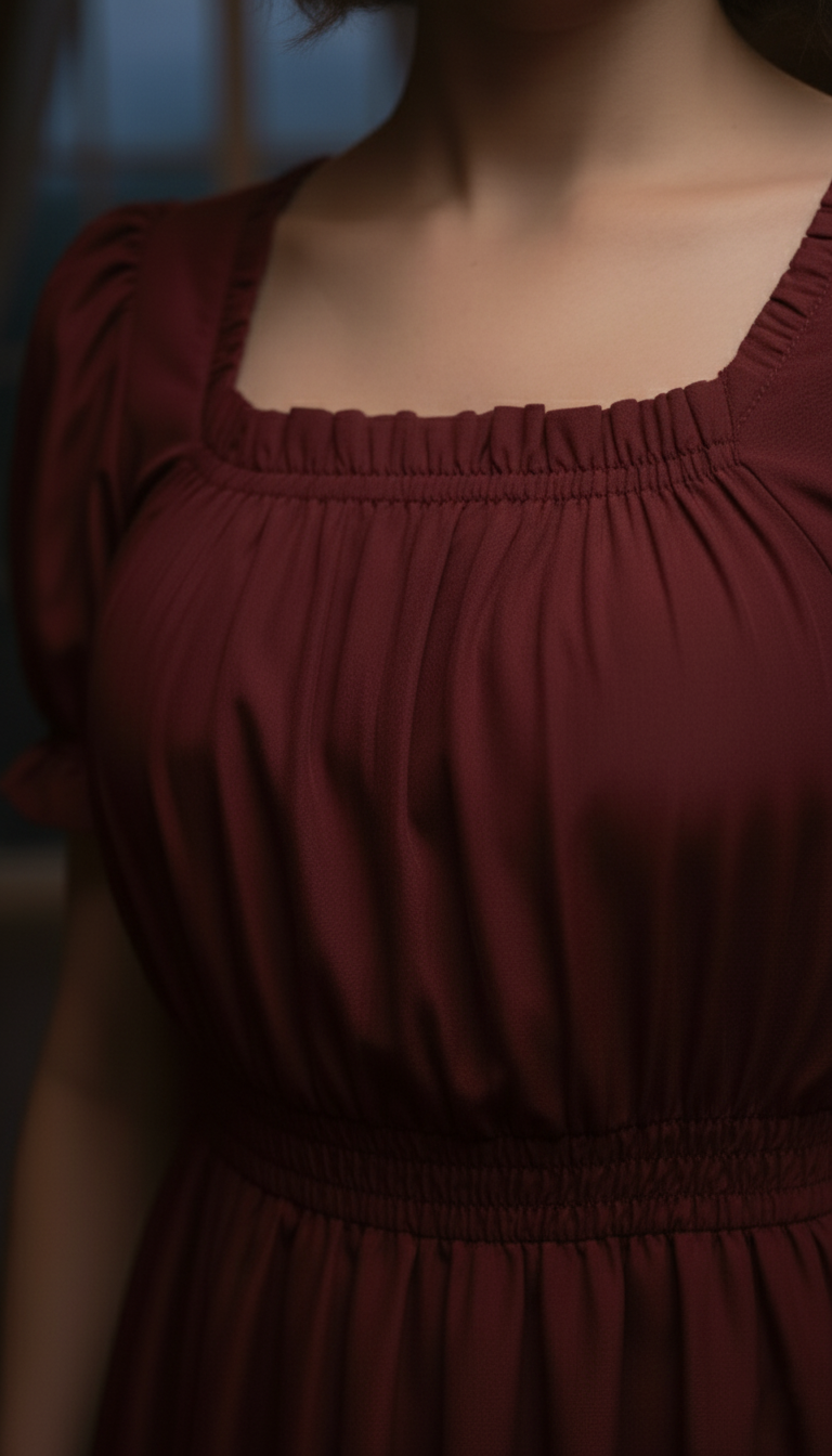 materiał bordowej sukni balowej z falbanami na modelce