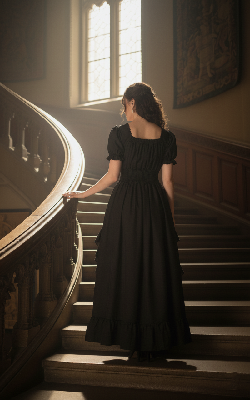 kobieta z brązowymi włosami związanymi z tyłu obrócona tyłem nosząca czarną suknię balową z falbanami na ciemnobrązowych schodach