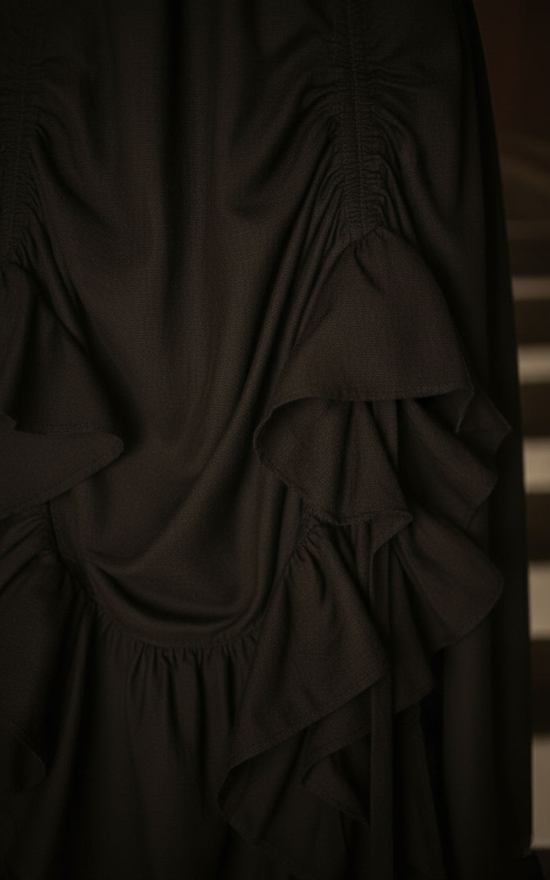 ciemny materiał czarnej sukni balowej z falbanami