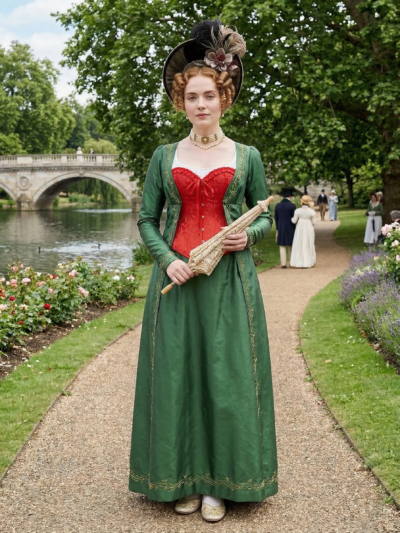 kobieta nosząca zieloną suknię regencyjną, a na niej czerwony gorset, stojąca na ścieżce w parku