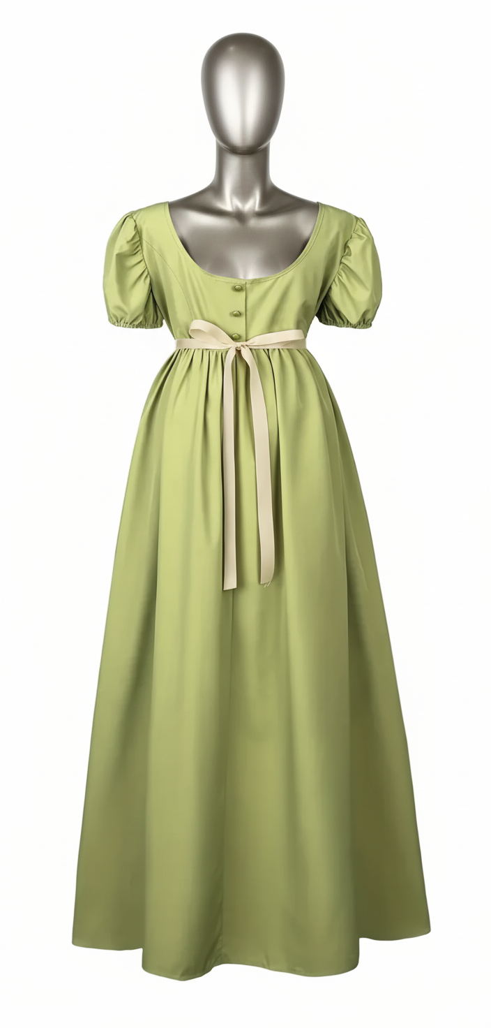 zielona dawna suknia balowa na srebrnym maneqinie