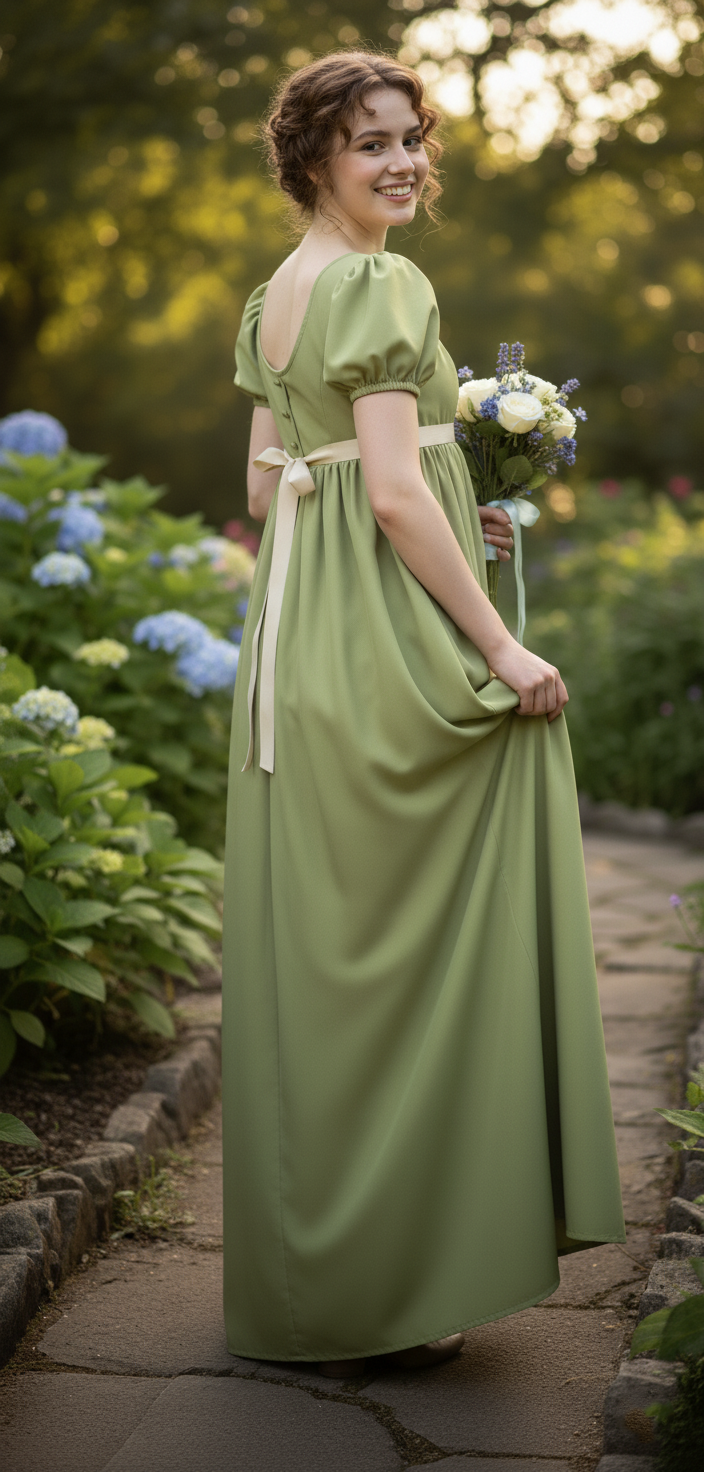 kobieta z włosami upiętymi w elegancki kok obrócona tyłem ubrana w dawną suknię balową