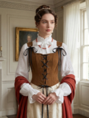 kobieta z elegancką fryzurą ozdobioną perłami nosząca brązowy gorset sznurowany na białej koszuli stojąca w regencyjnym salonie