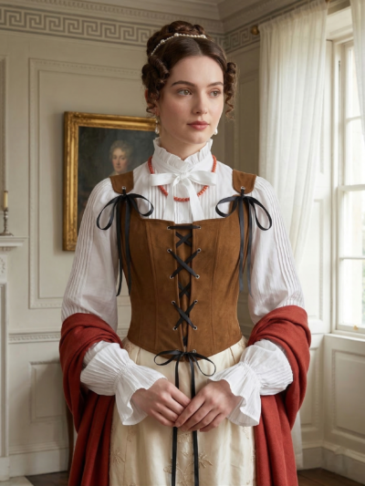 kobieta z elegancką fryzurą ozdobioną perłami nosząca brązowy gorset sznurowany na białej koszuli stojąca w regencyjnym salonie