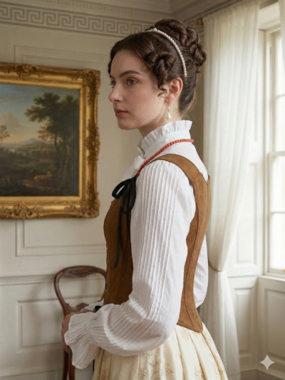 kobieta z elegancką fryzurą ozdobioną perłami nosząca brązowy gorset sznurowany na białej koszuli stojąca bokiem