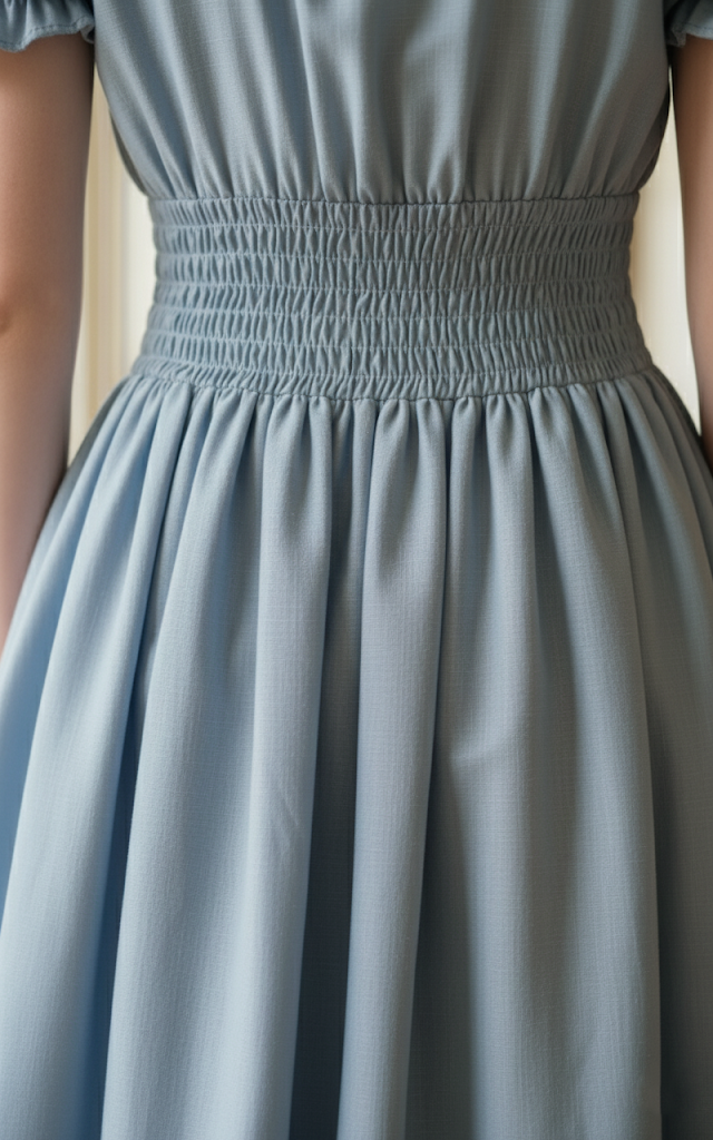 ściaśniana talia jasnoniebieskiej sukni balowej z falbanami