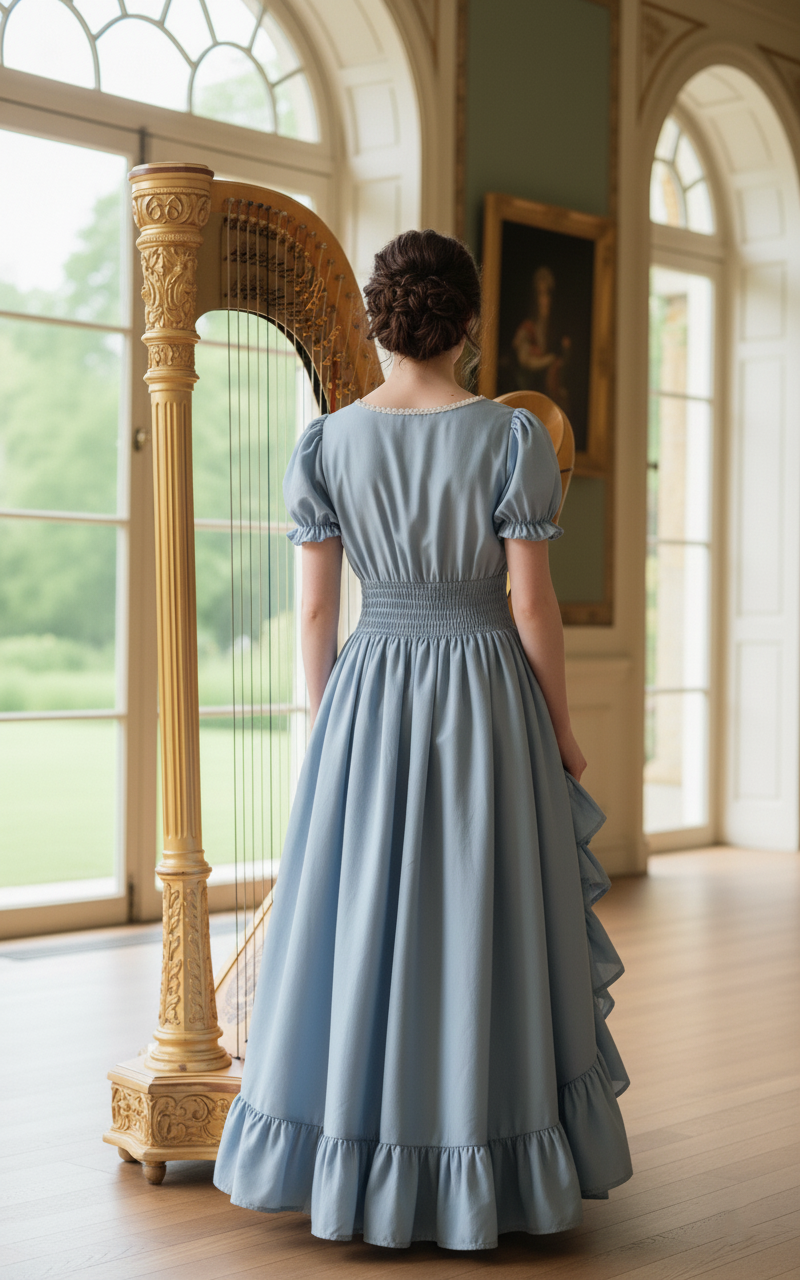 kobieta z ciemnymi włosami upiętymi w kok obrócona tyłem nosząca jasnoniebieską suknią balową z falbanami stojąca przy harfie