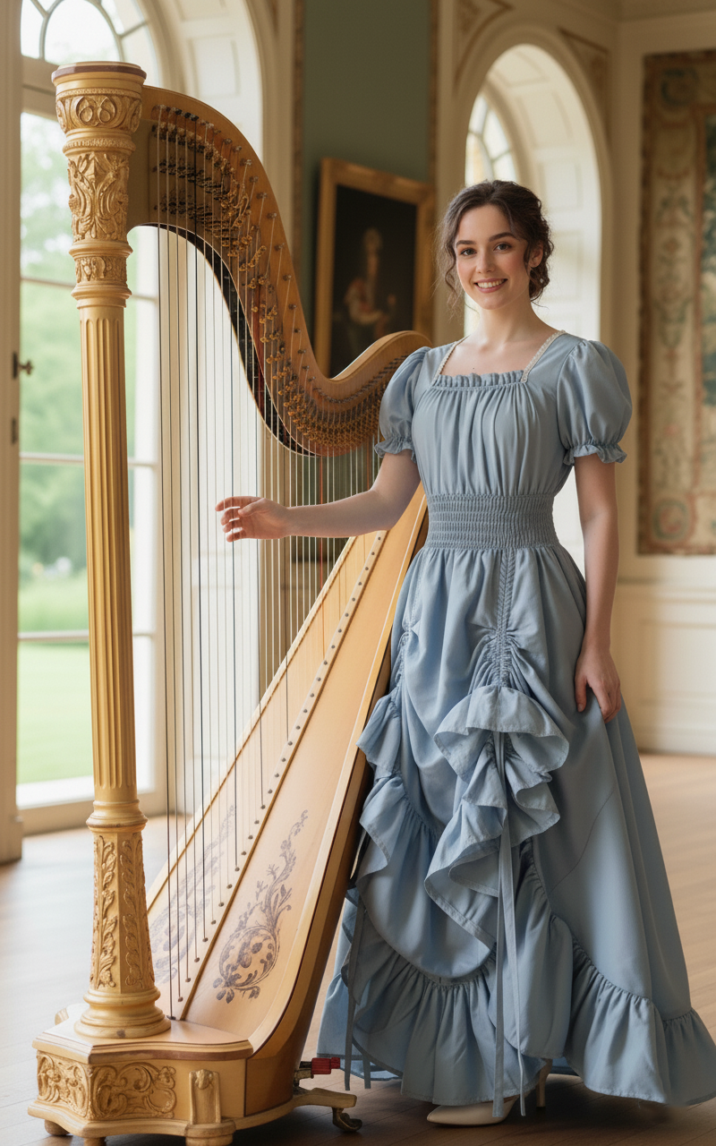 kobieta z ciemnymi włosami upiętymi w kok nosząca jasnoniebieską suknią balową z falbanami stojąca przy harfie