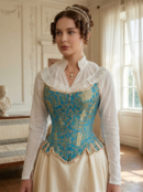 kobieta z brązowymi włosami upiętymi w eleganckiego koka nosząca niebieksi gorset oraz białą lnianą koszulę i beżową spódnicę stojąca w regencyjnym salonie