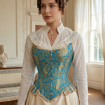 kobieta z brązowymi włosami upiętymi w eleganckiego koka nosząca niebieksi gorset oraz białą lnianą koszulę i beżową spódnicę stojąca w regencyjnym salonie