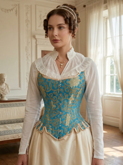 kobieta z brązowymi włosami upiętymi w eleganckiego koka nosząca niebieksi gorset oraz białą lnianą koszulę i beżową spódnicę stojąca w regencyjnym salonie