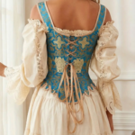 kobieta obrócona tyłem nosząca niebieksi gorset ze złotymi zdobieniami oraz białą lnianą koszulę oraz beżową spódnicę