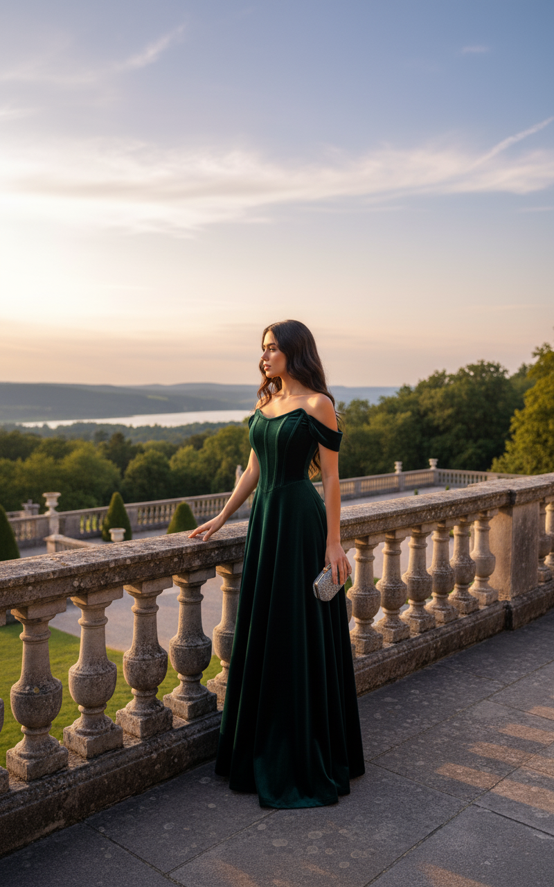 kobieta z długimi prostymi brąozwymi włosami opierająca się o balustradę kamiennego balkonu, nosząc suknię balową butelkową zieleń