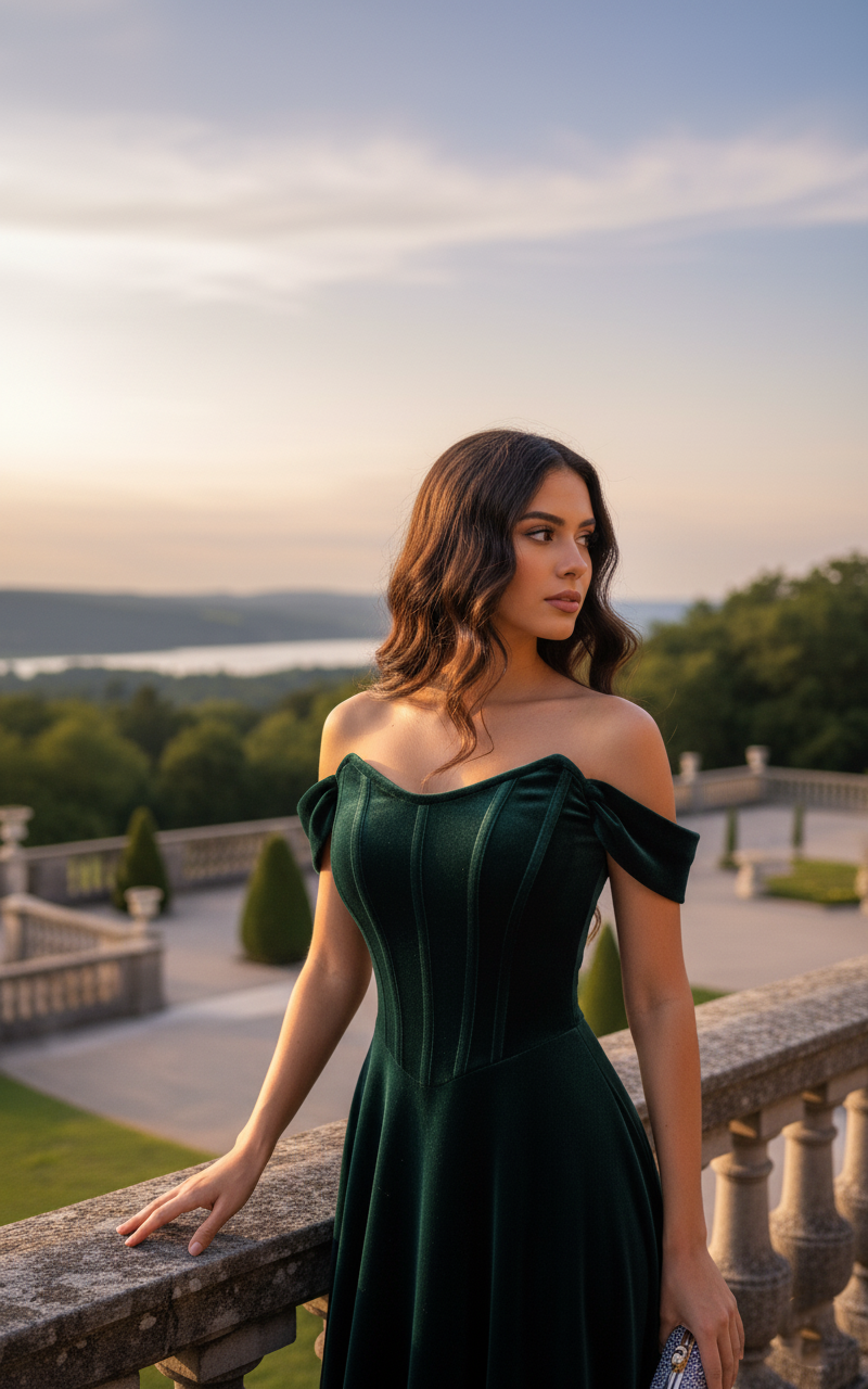 górna część sukni balowej butelkowej zieleni na modelce, która patrzy w dal