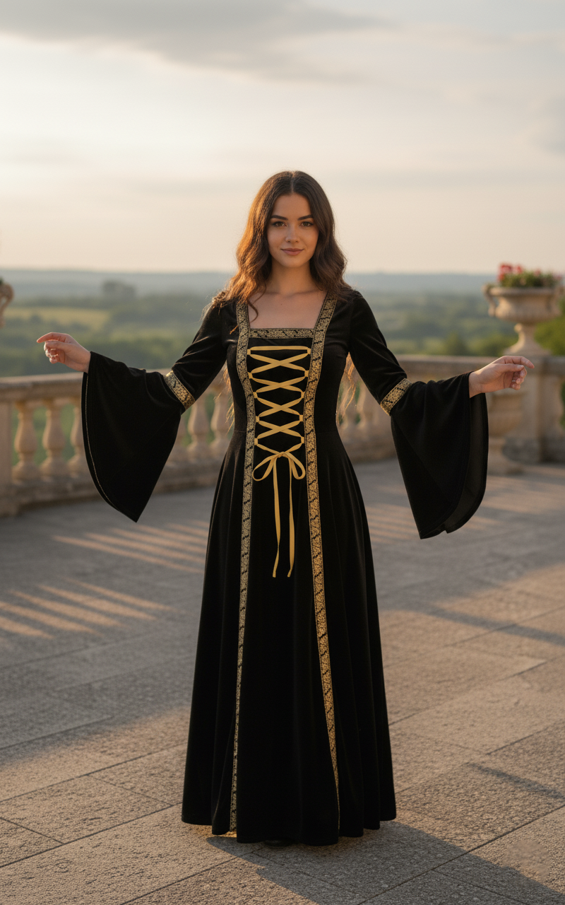 kobieta z długimi brązowymi włosami nosząca suknię balową czarną długą na kamiennym balkonie, unosi ręce, pokazując rękawy sukienki