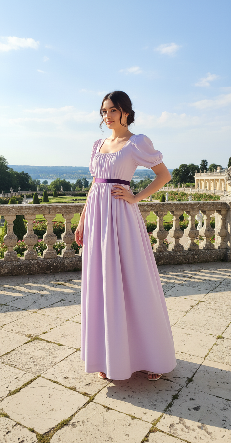 kobieta z włosami upiętymi w kok nosząca suknię balową fioletową na balkonie ze starodawnymi kafelkami