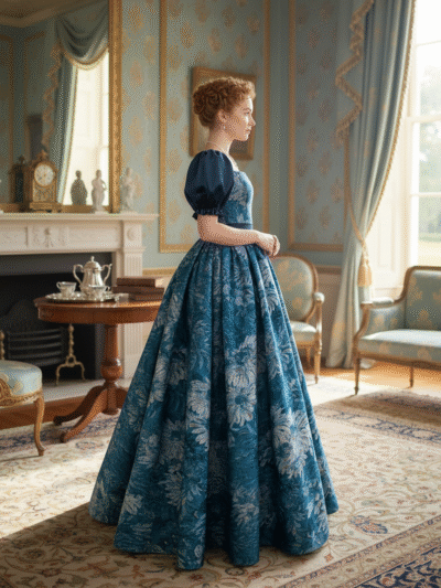 kobieta z włosami upiętymi w kok ubrana w suknię balową regencyjną w niebieskie kwiaty w eleganckim salonie