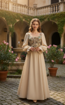 kobieta z falowanymi brązowymi włosami i delikatnym usmiechem ubrana w suknię balową z długim rękawem, beżowy budynek i ogród w tle