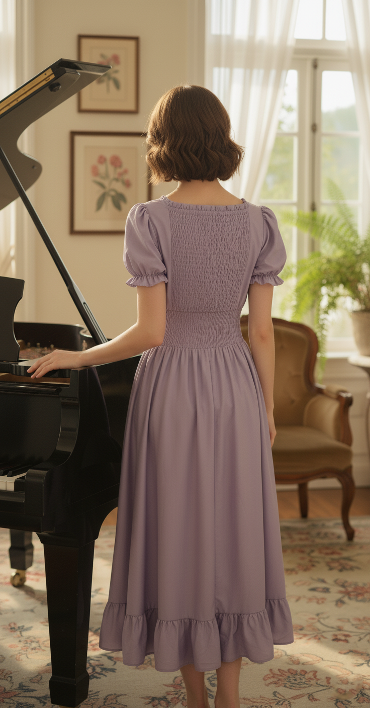 kobieta z krótkimi brązowymi włosami obrócona tyłem nosząca fiołkową suknią balową z falbanami opierająca się o czarny fortepian