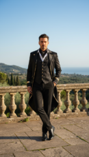 mężczyzna stojący dumnie na kamiennym tarasie z widokiem na las, nosząc czarny frak oraz czarne spodnie