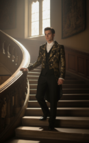 mężczyzna noszący czarno-złoty frak dowrski oraz czarne spodnie stojący na drewnianych schodach