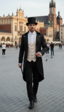 mężczyzna z szerokiem uśmiechem noszący czarny frak ślubny, czarny melonik , czarne spodnie oraz trzymający czarną laskę na placu w Krakowie