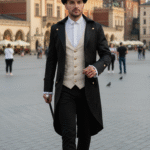 mężczyzna z szerokiem uśmiechem noszący czarny frak ślubny, czarny melonik , czarne spodnie oraz trzymający czarną laskę na placu w Krakowie