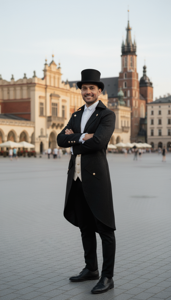 mężczyzna obrócony bokiem noszący czarny frak ślubny z białą koszulą i czarnym melonikiem na placu w Krakowie