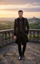 mężczyzna noszacy czarny frak vintage ze srebrnymi guzikami, trzymający jedną dłoń w kieszeni czarnych spodni i stojący pewny siebie na kamiennym tarasie, zamek i las w tle