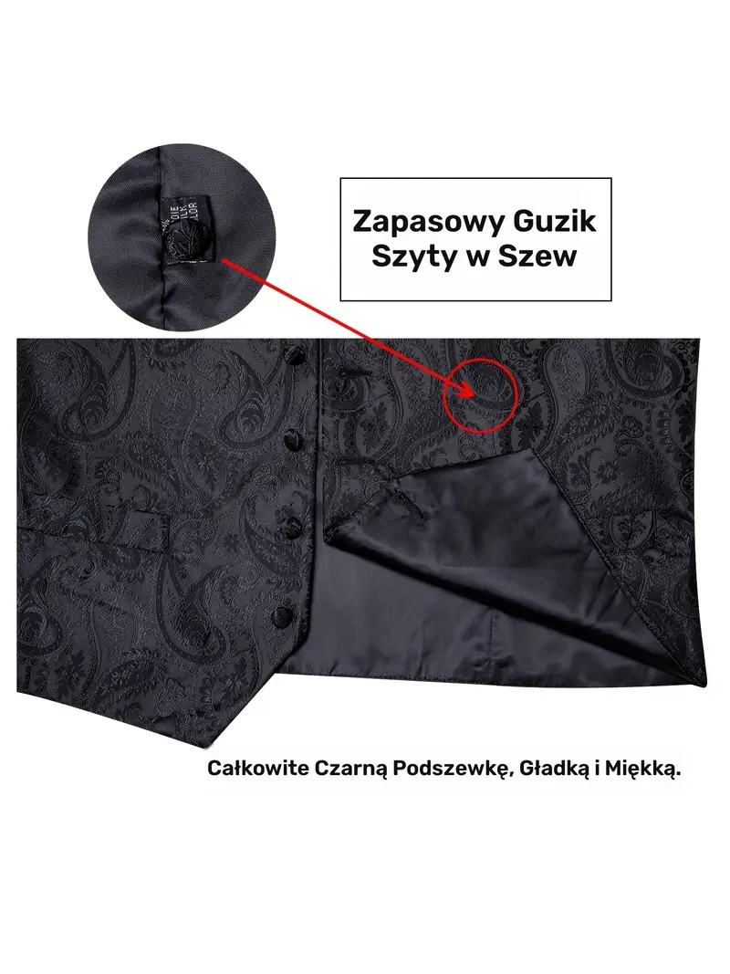 informacje na temat guzików i materiału kamizelki męskiej garniturowej na białym tle