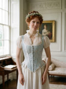 kobieta z rudymi włosami i wiankiem na głowie nosząca jasnoniebieski renesansowy gorset na białej sukni