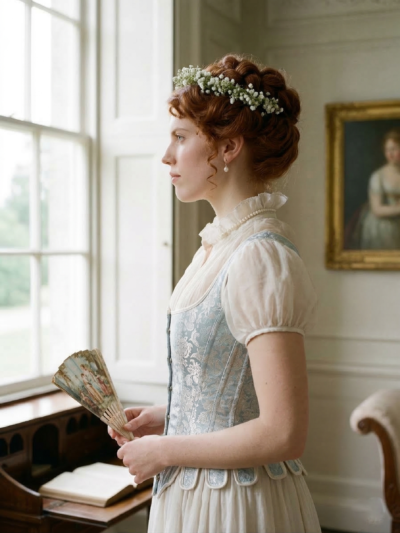 kobieta stojąca bokiem nosząca wianek i jasnoniebieski renesansowy gorset patrząca przez okno