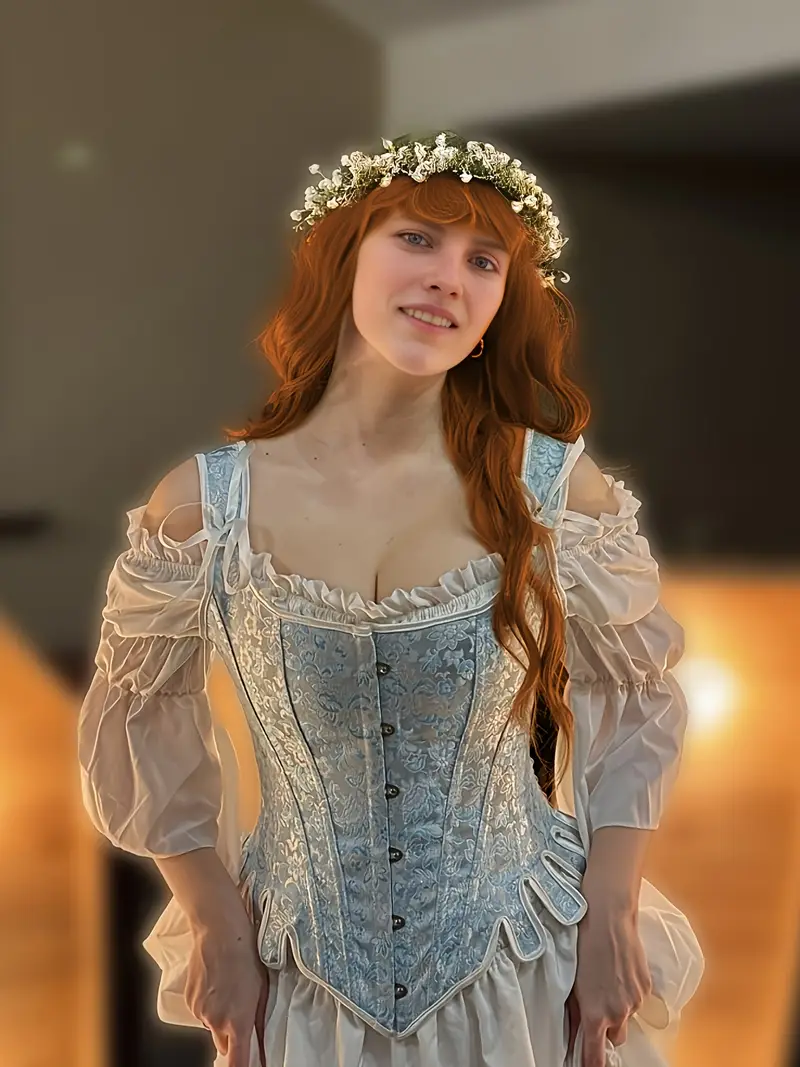 kobieta z rudymi włosami ubrana w błękitny renesansowy gorset oraz białą sukienkę w stylu Bridgertonów