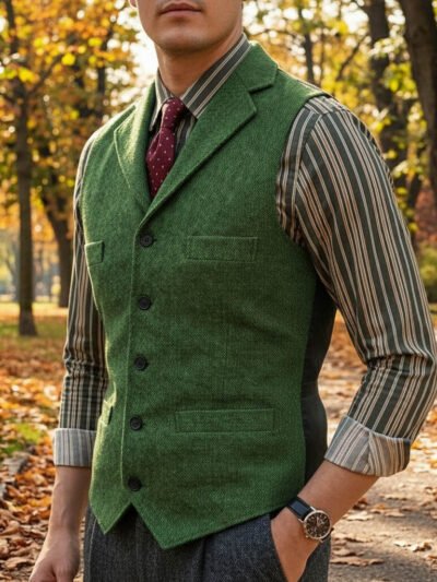 mężczyzna noszący zieloną bawełnianą kamizelkę męską oraz koszulę w kratę, stojący bokiem na drodze w parku