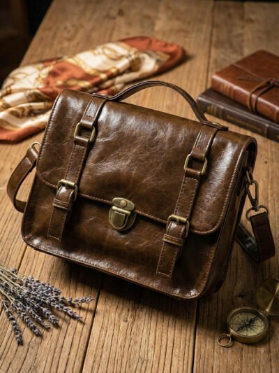 brązowa listonoszka vintage położona na drewnianym stole obok beżowych rękawiczek i suszonej lawendy