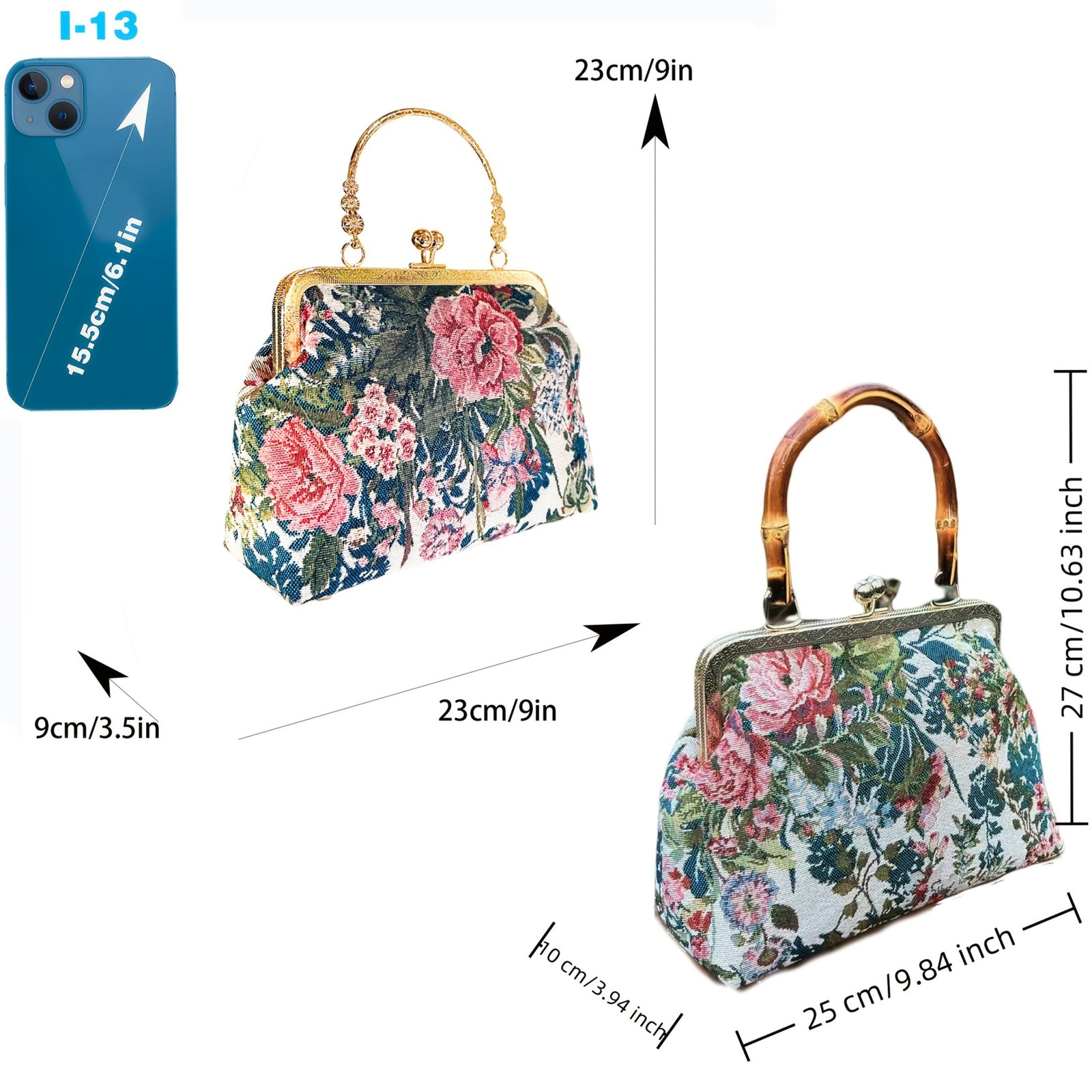 rozmiar torebki vintage z kwiatowym wzorem przedstawiony na biaym tle