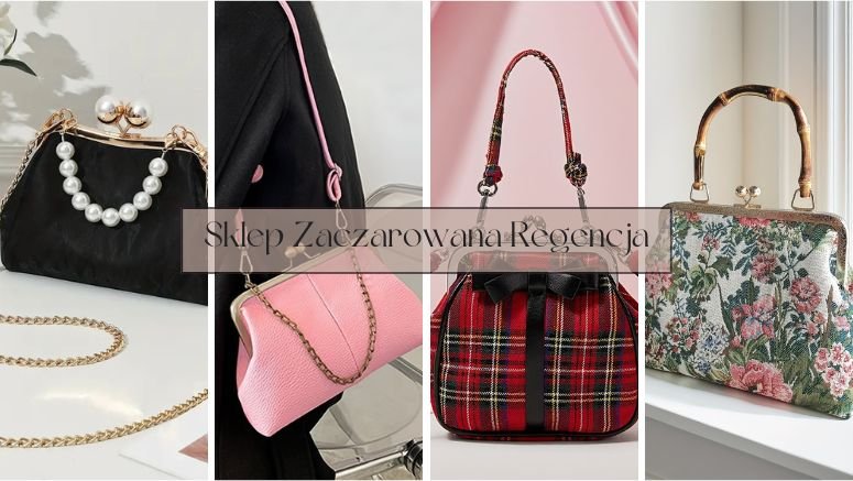kolekcja torebek vintage w sklepie Zaczarowana Regencja pokazująca czarną torebkę retro, różową torebkę vintage na ramię, starodawną torebkę w kratę oraz małą kopertówkę w kwiaty