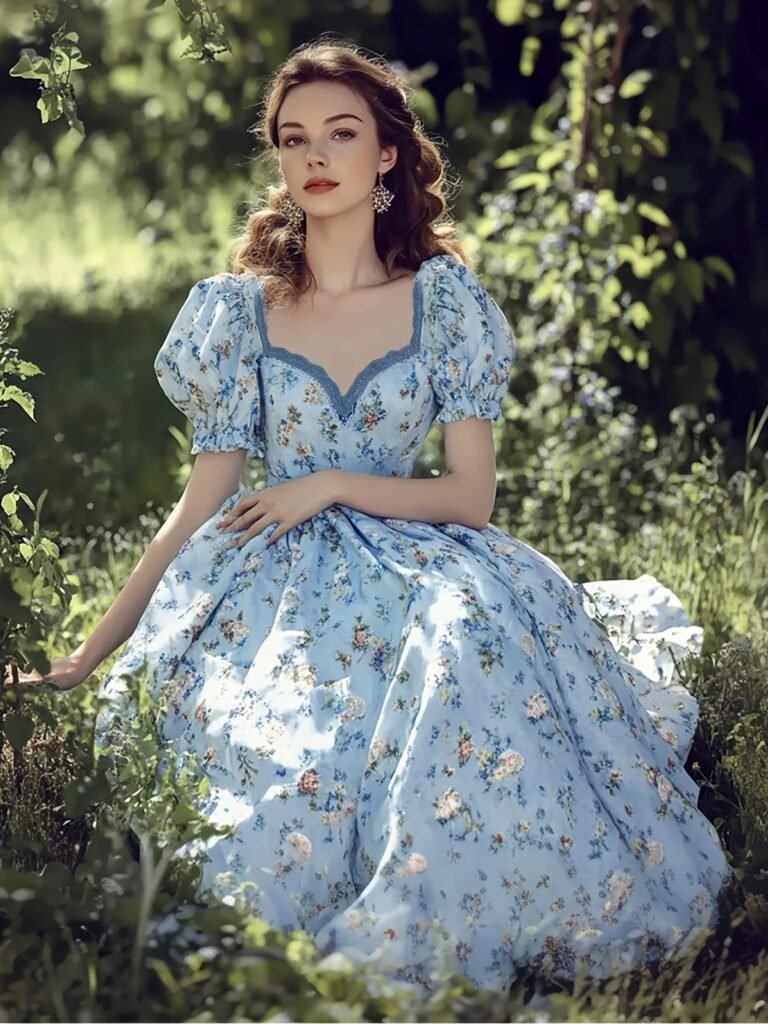 kobieta nosząca niebieską retro suknię balową w kwiaty, patrząca marzycielskim wzrokiem