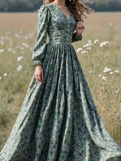 kobieta nosząca ciemnozieloną romantyczną suknię balową na łące