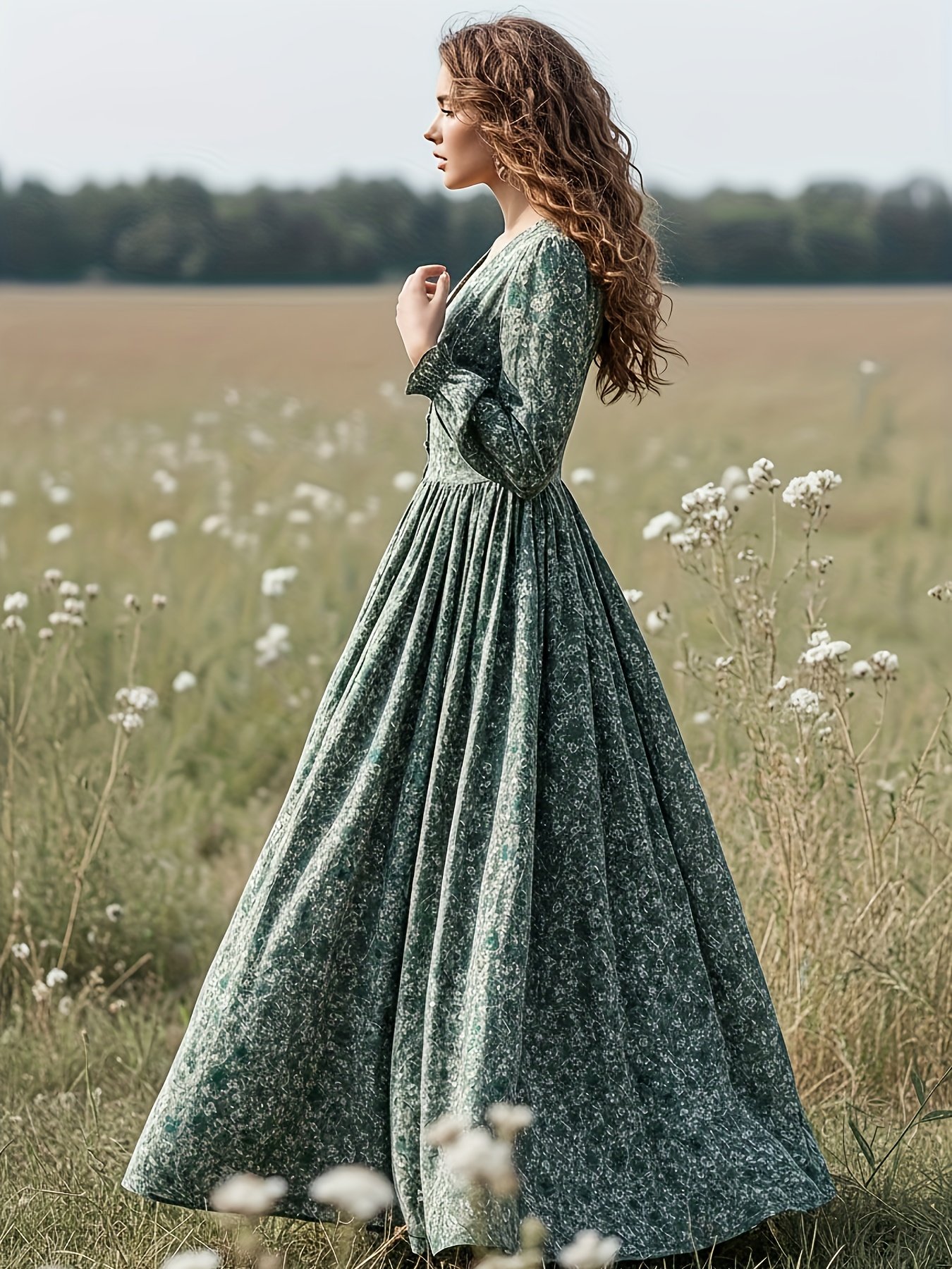 kobieta z brązowymi falowanymi włosami obrócona bokiem nosząca ciemnozieloną romantyczną suknię balową na łące