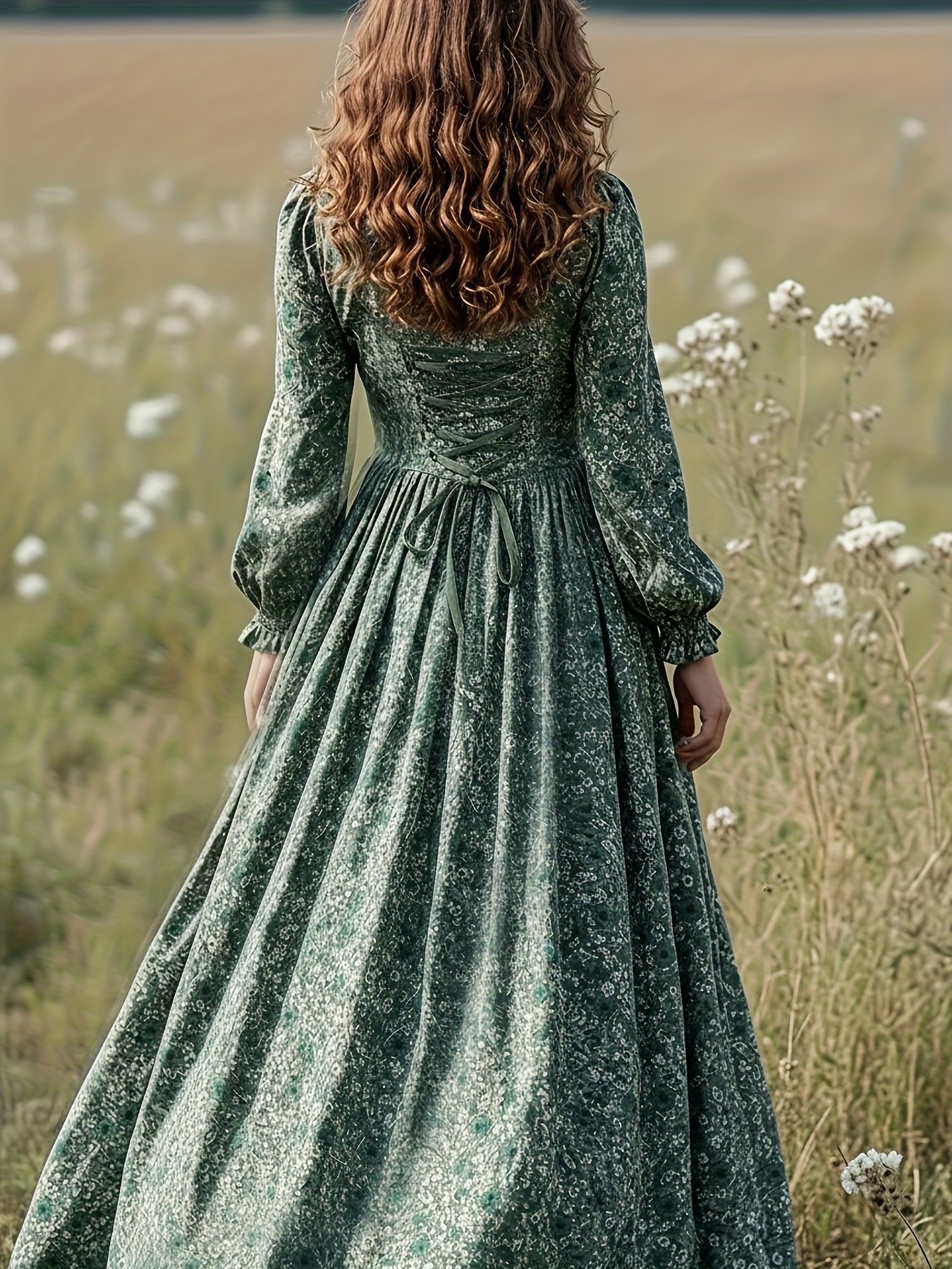 kobieta z brązowymi falowanymi włosami obrócona tyłem nosząca ciemnozieloną romantyczną suknię balową na łące