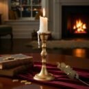 świecznik retro z białą świecą położony na czerwonym materiale w elegancko urządzonym salonie