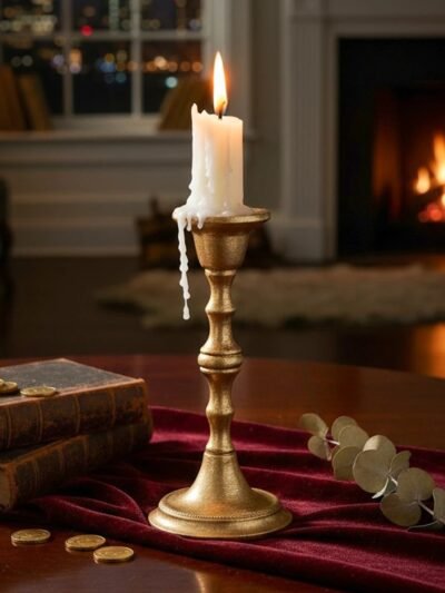 świecznik retro z białą świecą położony na czerwonym materiale w elegancko urządzonym salonie