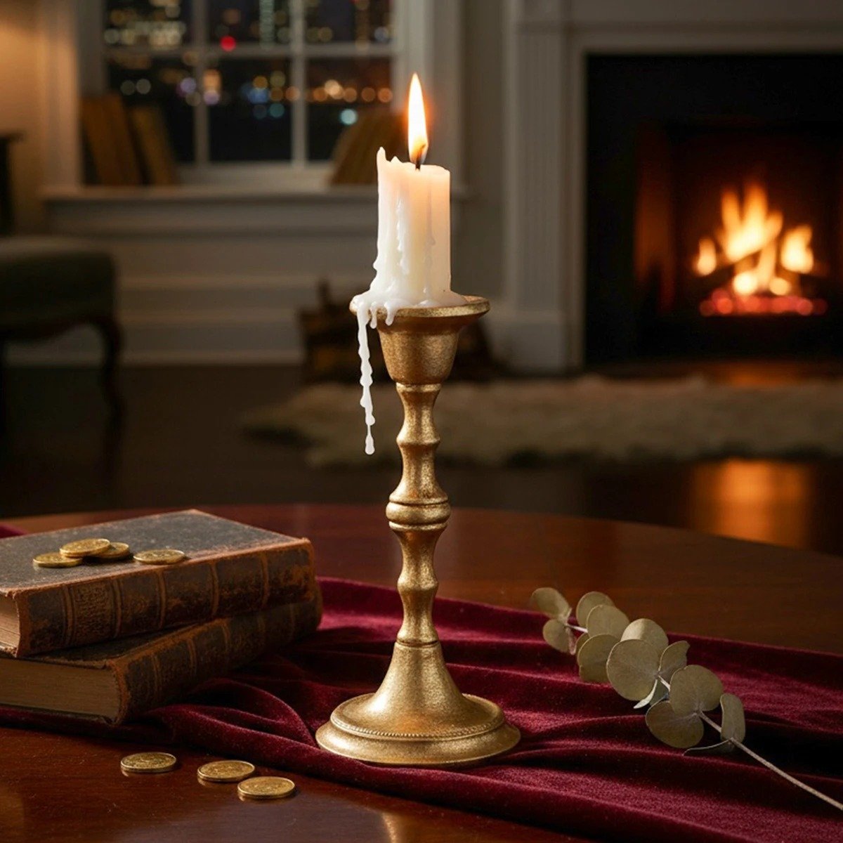 świecznik retro z białą świecą położony na czerwonym materiale w elegancko urządzonym salonie