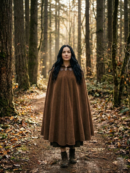 kobieta z czarnymi włosami ubrana w brązową pelerynę damską oraz brązowe botki, stojąca na ścieżce w lesie