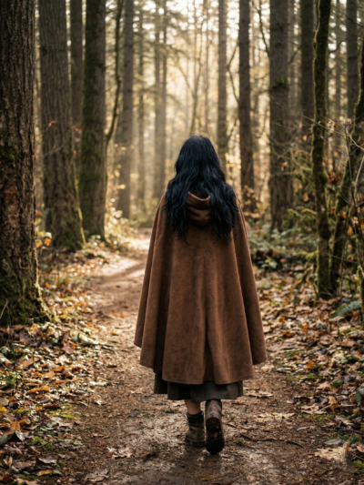 kobieta z czarnymi włosami obrócona tyłem nosząca brązową pelerynę damską i ciemne buty, idąca ścieżką w lesie