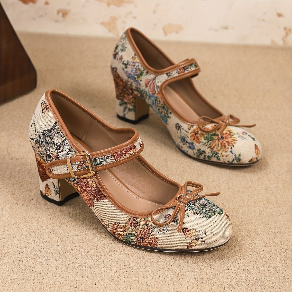 brązowo-beżowe buty retro w kwiaty obrócone bokiem na beżowym dywanie