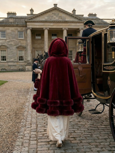 kobieta obrócona tyłem nosząca bordową dwuwarstwową pelerynę damską oraz białą suknię regencyjną, karoca w tle